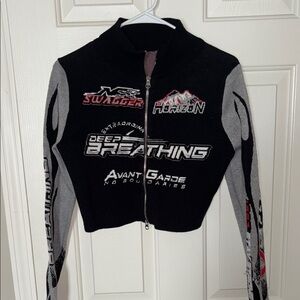 Black and Gray Bomber Jacket with Graphic Designs
